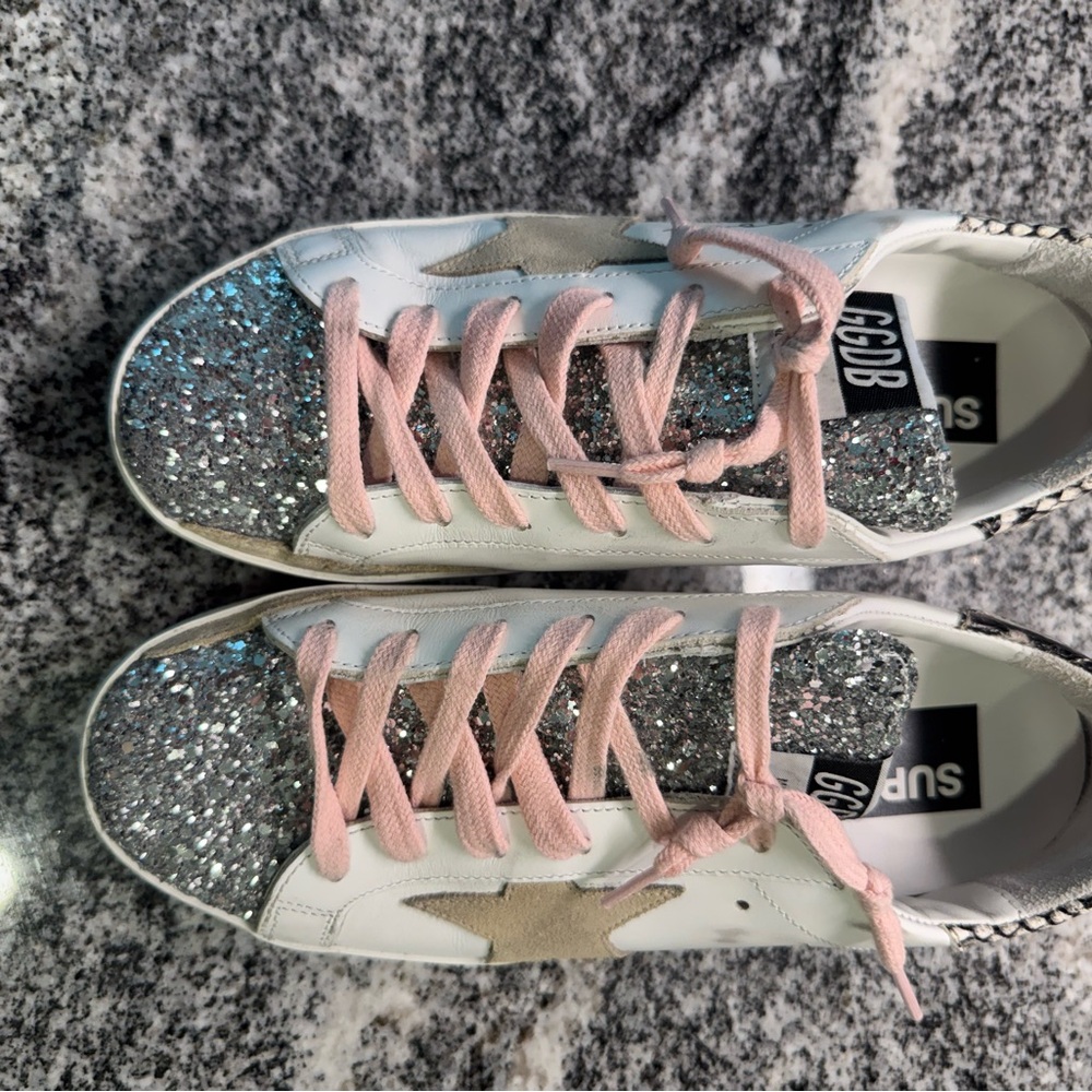 Golden Goose Sneakers with Tan Star and Pink Glitter